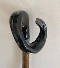 BLACK RAMS HORN  CURLY CROOK on HAZEL shaft walking hiking and beaters stick.