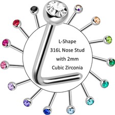 L Shape Nose Stud * 2mm press fit Cubic Zirconia Gem * 316L Surgical Steel Pin