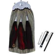 Long Horse Hair kilt Sporran Scottish Bagpipe Pipe Grey Black Thistle Chrome