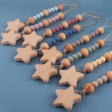 Star Shape Wooden Dummy Clips with Silicone Pacifier Chain Strap Baby Gift