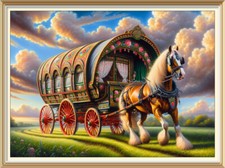Original Art Print Romany Gypsy Wagon Traveller Bow Top Caravan Shire Horse R30