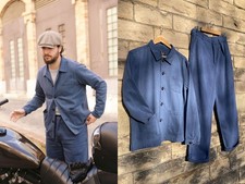 60s Style Washed Indigo Blue French Jacket Workwear Chore Herringbone Cotton  