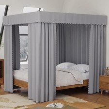 Black Queen Canopy Bed Curtains 4 Corner Post Lightproof Microfiber for Bedroom