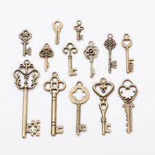 13Pcs Vintage Antique Old Brass Skeleton Keys Lot Cabinet Barrel Lock Retro Set