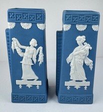 VTG 2 Japan Blue Jasperware-Style Square Vases Pair Sprig Relief Neoclassical 6”