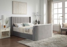 Grey Velvet Ottoman TV Bed With Storage Smart Bed + Remote Control TV Footboard