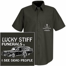LUCKY STIFF FUNERALS I SEE DEAD PEOPLE HEARSE SKULL UNDERTAKER CASUAL WORKSHIRT