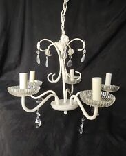 Tole Chandelier floral White 5 light crystals Shabby Chic Vintage Tole 18"X 14"