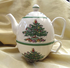 Spode Teapot Christmas Tree Tea For One Porcelain Set VGC Large Cup