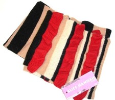 Alice Hannah wool blend knitted scarf Black Camel Ivory stripes with Red Ruffles