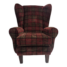 Accent Wing Back Queen Anne Chair - Lana Red Tartan Fabric - Dark Wood Legs