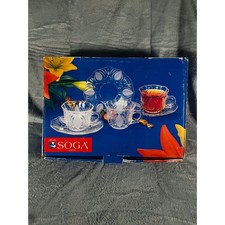 Elegant SOGA Japan Glass Cup & Saucer Set Clear Glass Vintage 12 Pc Set