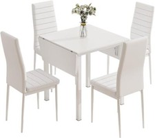 5 Pcs Dining Table & 4 Chair Set Drop Leaf Table PU Chair White Modern Home