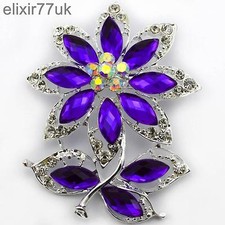 NEW 2.8" LARGE SILVER FLOWER LEAF BROOCH PURPLE DIAMANTE CRYSTAL BROACH GIFT UK