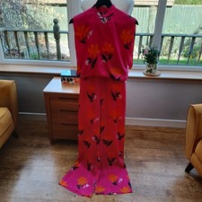 Zara Bright Pink Satin Floral Jumpsuit Small Wide Leg Backless Green Orange