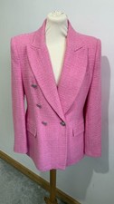 Zara Double Breasted Textured Pink Blazer Size L Tweed Jacket Silver Button