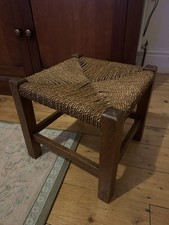 Vintage Wooden stool orange & brown rattan woven plastic string top mid Century