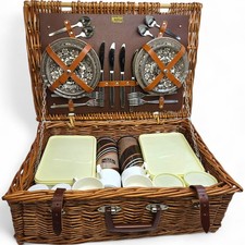 Vintage 1950s Brexton Wicker 4 Person Picnic Case Royal Tudor Ware China Taverns