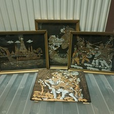 Set of 4 Vintage MCM  Thai Silk Artworks – Handcrafted Gold & Silver  Scenes
