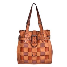Vintage Mulberry Tonal Cognac Brown Leather Woven ‘Elgin’ Western Tote Bag