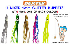 5 MIXED 12cm GLITTER MUPPETS SEA FISHING LURES SQUID PIRKS RIG HOOK COD POLLOCK