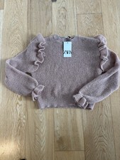 Zara Jumper  Very Feminine M Knitted Frills On Shoulder Pale Pinky Brown Orange