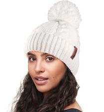 WOMENS LADIES CABLE KNIT WINTER POM POM BOBBLE SKI BEANIE HAT FUR FLEECE LINING