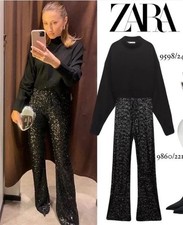 ZARA WOMAN BLACK HIGH WAIST FLARED SEQUINNED LEGGINGS PANTS SIZE S 
