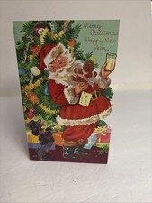 Vintage 1960s New Xmas Card Jolly Santa Greets Poodle Xmas Tree W Cookie & Milk