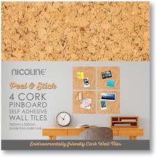 Nicoline Self Adhesive Cork Pin Board Tiles 4 Pack Noticeboard - 30cm x 30cm