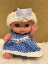 5 inch Berenguer Baby Doll (preloved) Blue Eyes, Dress with Butterfly Headband