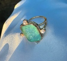 Museum Edwardian Intaglio Ring Size 7 Green Pearl Gold Cameo Flower Aqua Blue