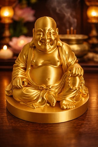 Gold silk pla laughing buddha - gold,