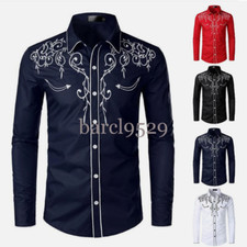 Mens Western Cowboy Shirt Long Sleeve Retro Embroidery Casual Buttons Down Shirt