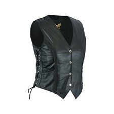 Leatherick Women Real Leather Black Classic Vest Braided Biker Waistcoat