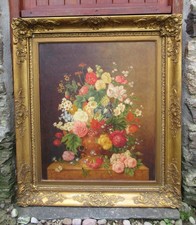 Large 19th Century Antique Floral Still Life Oil Painting Ornate Gilt Framed