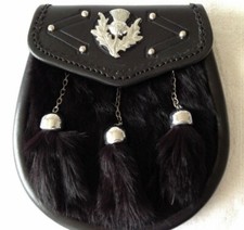 KILT SPORRAN THISTLE CREST BLACK RABBIT FUR 3 TASSLES CHROME EMBOSSED SPORRAN
