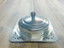 VINTAGE SILVER PLATE ART DECO BUTTER DISH GLASS LINER AND LID ROUND