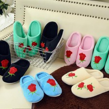 Women Slippers House Shoes Embroidery Rose Floral Plush Slip on Flat Indoor