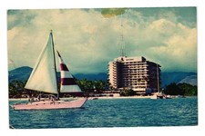 Hawaiian Village Hotel Pink Catamaran Postcard 1960 Vintage Tropical Hawaii Boat