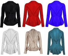Ladies Long Sleeved Peplum Blazer Jacket Size Button Closure 8 - 16