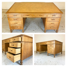 HUGE Antique Leather Top Desk Double Sided 2 Person Vintage Pedestal Drawers