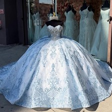 Sky Blue Quinceanera Dresses Off Shoulder Sequin Pageant Birthday Ball Gowns*