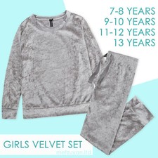 Kids Girls Children Crushed Shiny Velvet Velour Set Tracksuit Lounge Grey Silver