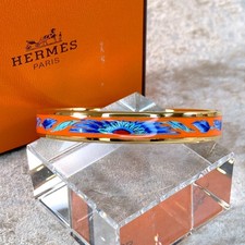 Vintage Hermes Bangle Bracelet Orange Enamel Brazil Feather Gold Rim 65 with Box