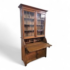 Antique Arts & Crafts oak writing desk / tall bookcase bureau with cupboard