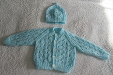 Hand knitted patterned cardigan and hat set in turquoise blue new born baby boy