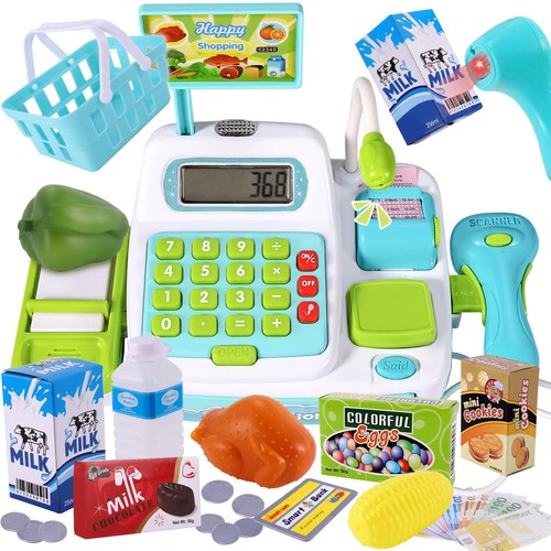 Kids till cash register with - register,