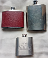 3 nice vintage hip flasks - Red leather LICHFIELD & 1 STAINLESS & 1 PEWTER FLASK