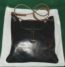 PRE-OWNED! COCCINELLE LEATHER CROSSBODY BAG ~ BLACK WITH BROWN STRAP & STITCHING